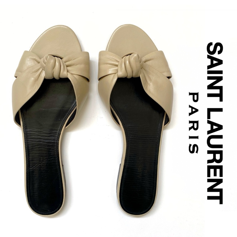 SAINT LAURENT beige tan Bianca knot flat slide sandals - Picture 1 of 10